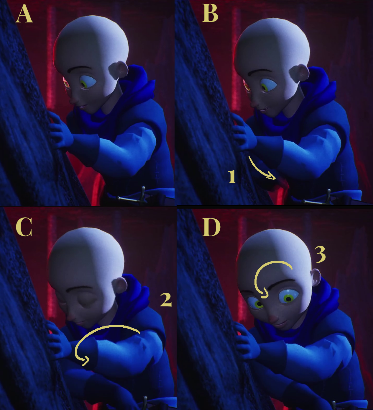 Ronan reaching for the Gem — overlap sequence showing hand leading, body following, head turning last