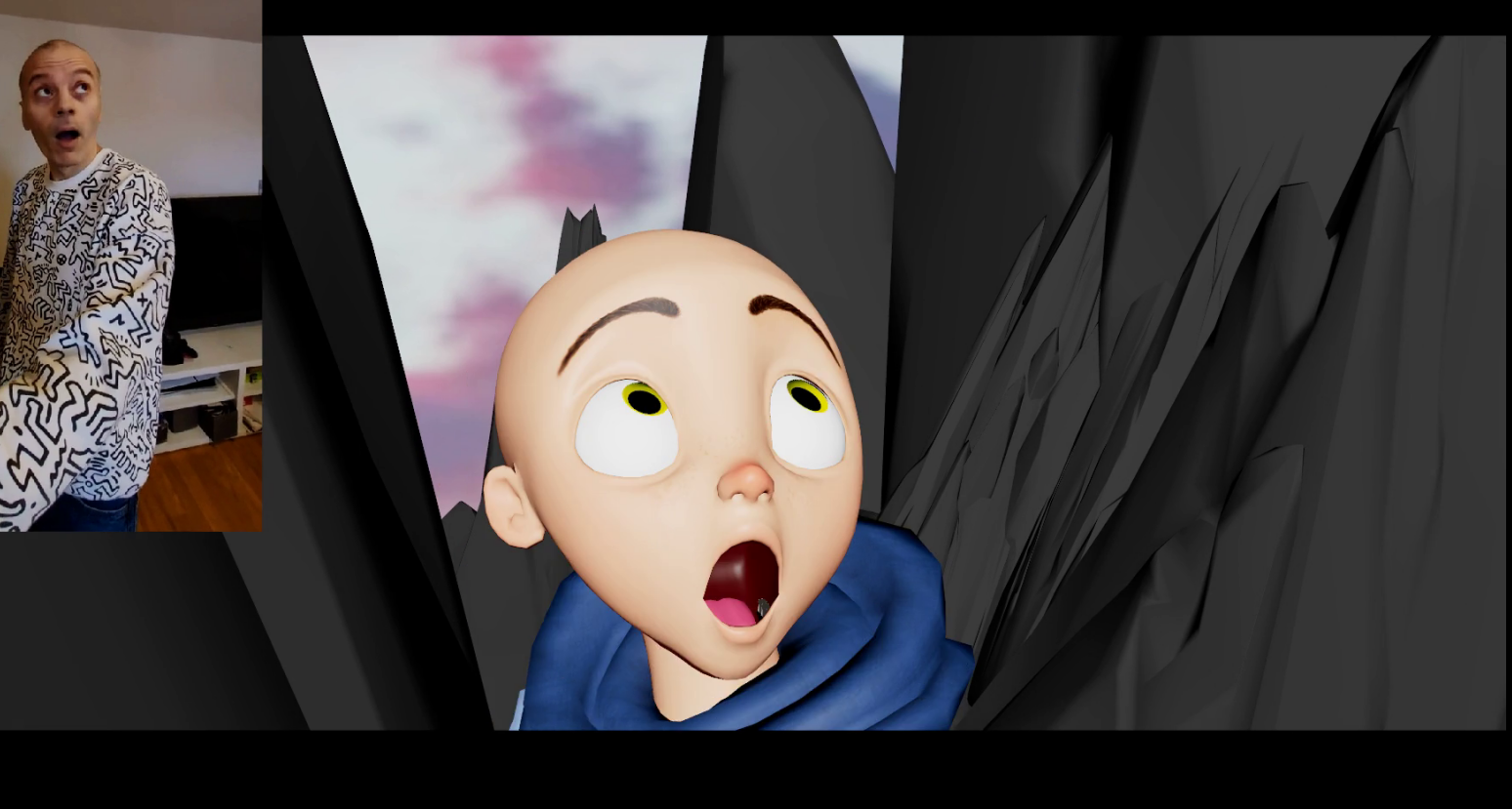 Animator recording reference performance composited next to the corresponding 3D shot